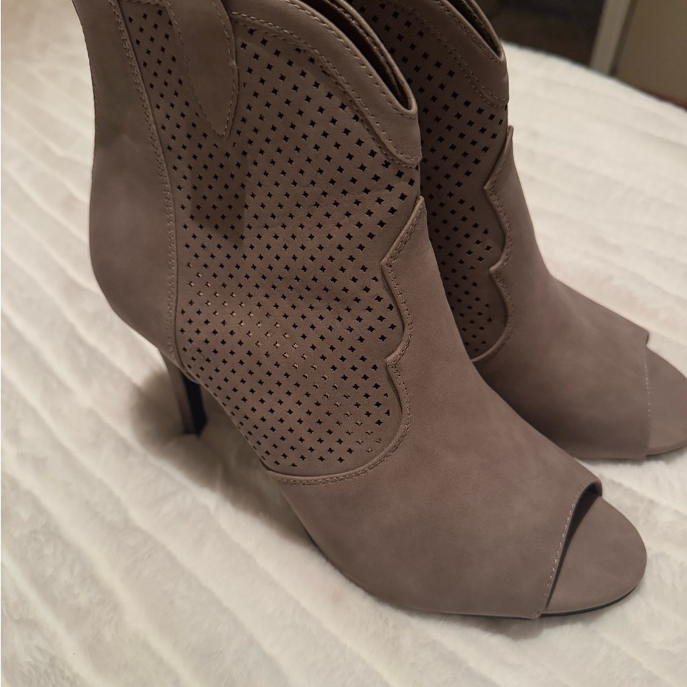 Tan Perforated Heeled Boots with Peep-Toe